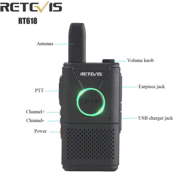 Retevis RT618 Funkgerät Mini Walkie Talkie Lizenzfrei 16 Kanäle VOX Dual PTT Ultradünn PMR Funkgerät Set Wiederaufladbar USB Ladekabel (1 Paar, Schwarz)