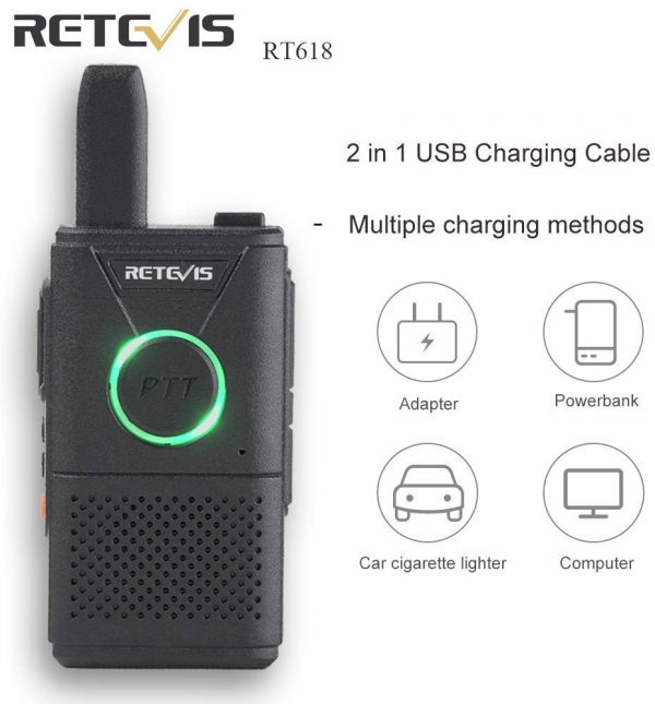 Retevis RT618 Funkgerät Mini Walkie Talkie Lizenzfrei 16 Kanäle VOX Dual PTT Ultradünn PMR Funkgerät Set Wiederaufladbar USB Ladekabel (1 Paar, Schwarz)