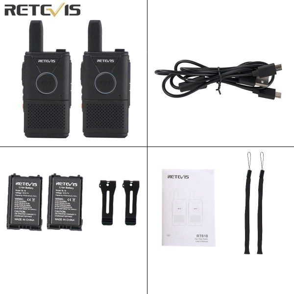 Retevis RT618 Funkgerät Mini Walkie Talkie Lizenzfrei 16 Kanäle VOX Dual PTT Ultradünn PMR Funkgerät Set Wiederaufladbar USB Ladekabel (1 Paar, Schwarz)