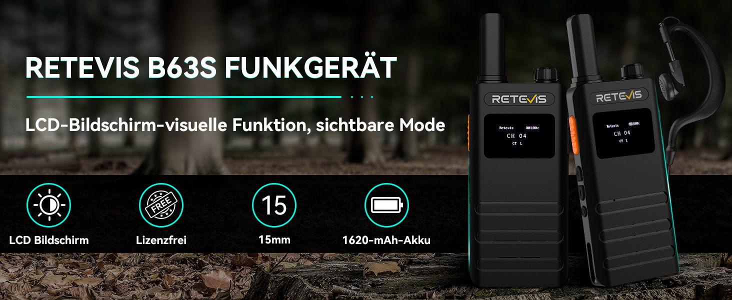 Retevis B63S A9269D  PMR446 Funkgerät, RT622P (3.0), VOX, LCD-Display, Schlanke 15 mm, USB C, 1620 mAh, Professionelles Funkgeräte Set für Familie (2 Stück, Schwarz) 